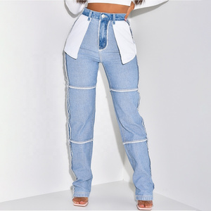 High Quality New Design Fashion Street Wear Straight Pants Blue Patched Reverse Women's Jeans Zipper Fly Trousers