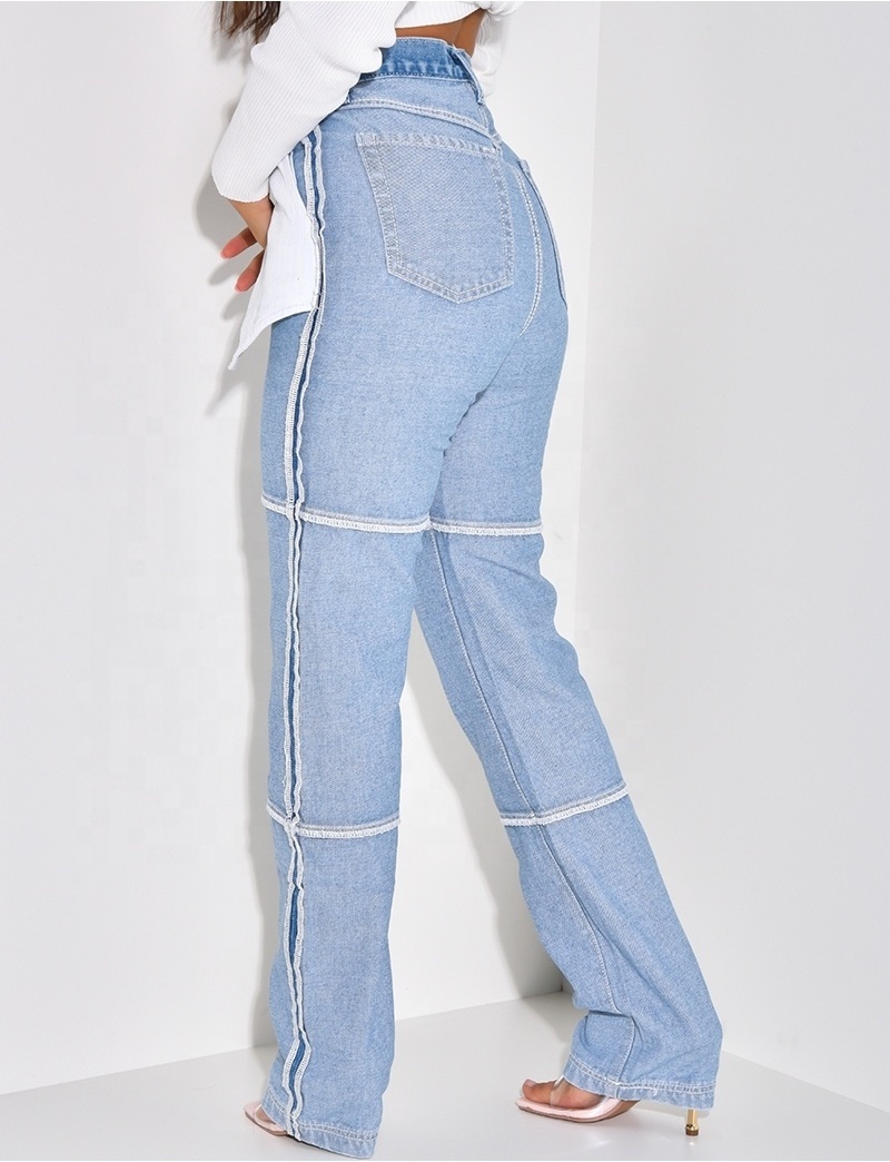 High Quality New Design Fashion Street Wear Straight Pants Blue Patched Reverse Women's Jeans Zipper Fly Trousers