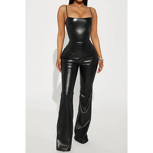 OEM ODM Custom Black  Fashion Summer strapless PU Wide Leg Loose Sexy One Piece Leather Women Jumpsuit