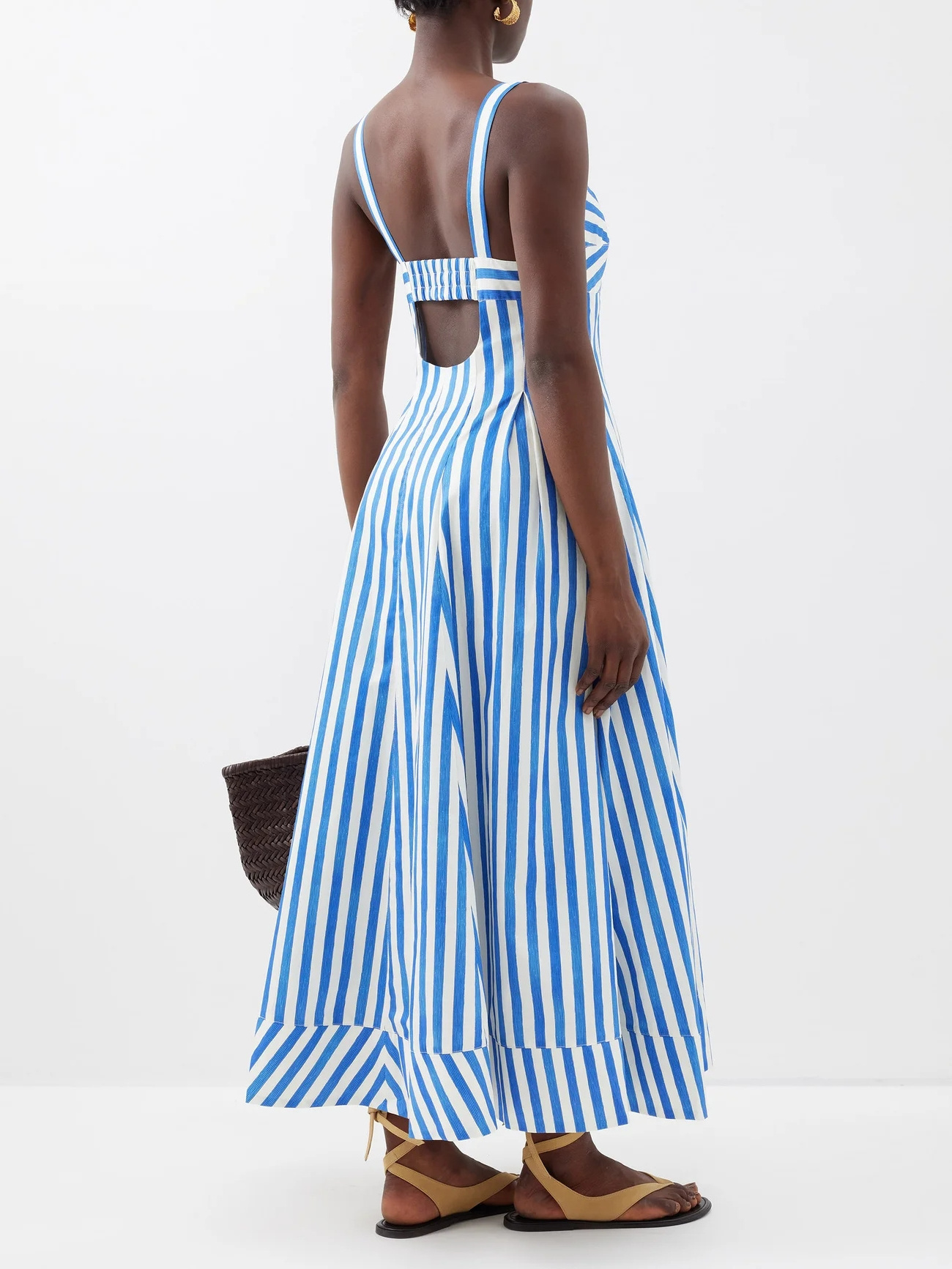 High Quality Blue White Striped Dress Summer Clothing V neck Strap Fit and Flare Maxi Long Beach Dress Custom Dresses Women