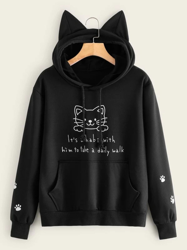 Fall Spring Dress 100% Cotton Terry Anime Printed Cute Cat Hood Kangaroo Pocket Couple Sweatshirt Hoodie