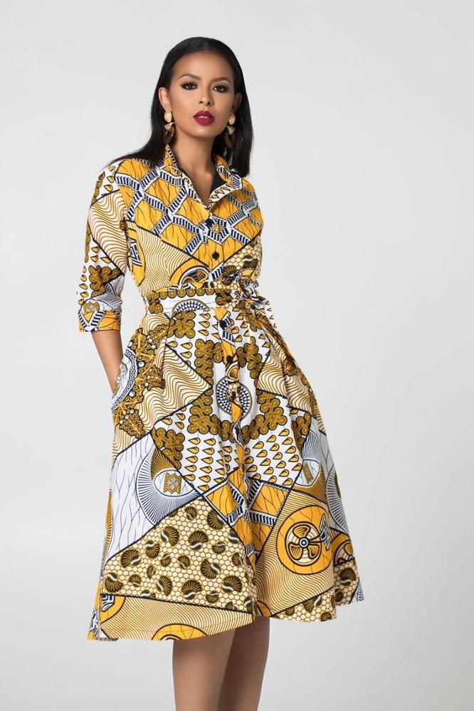 Summer New Design African Kitenge Fashion 100% Cotton Wax Print Stand Collar Women Dresses ODM OEM Service