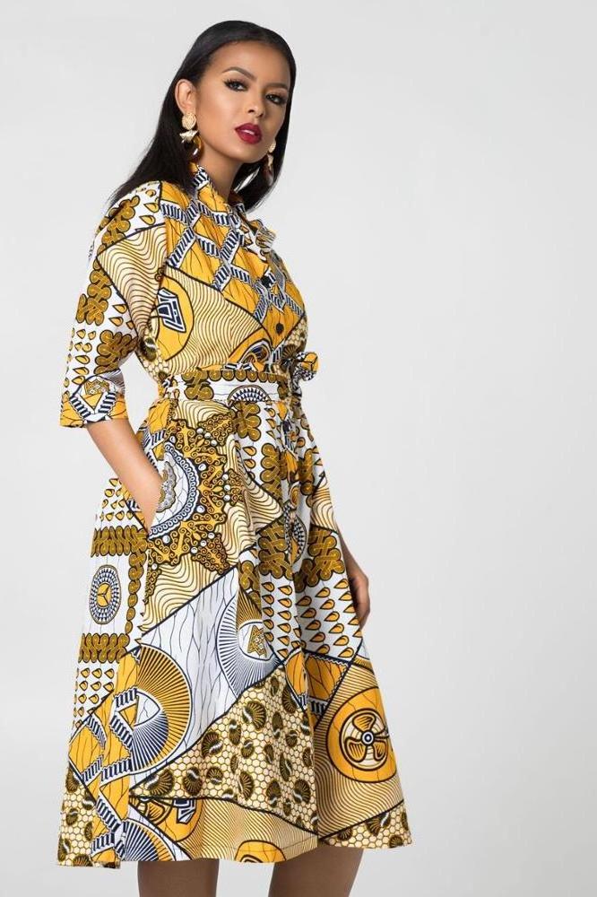 Summer New Design African Kitenge Fashion 100% Cotton Wax Print Stand Collar Women Dresses ODM OEM Service