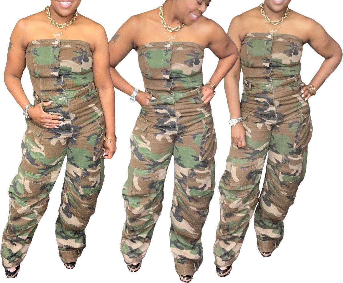 2024 Hot sale Wholesale OEM Women's Fashion Camouflage Pocket Casual Jumpsuit