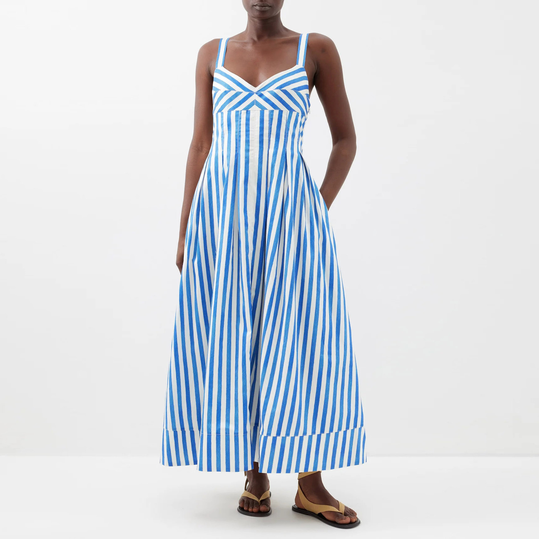 High Quality Blue White Striped Dress Summer Clothing V neck Strap Fit and Flare Maxi Long Beach Dress Custom Dresses Women