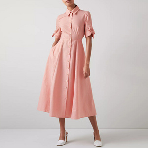 Fashion Trendy Summer Clothing High Quality Cotton Striped Front Button Up A Line Women Midi Dress Pink