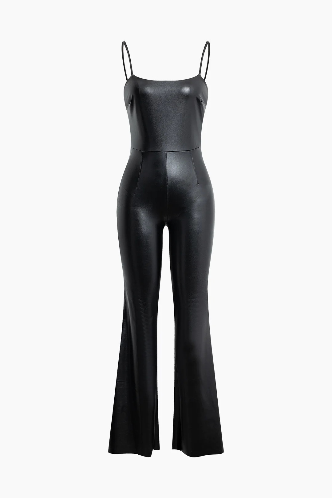 OEM ODM Custom Black  Fashion Summer strapless PU Wide Leg Loose Sexy One Piece Leather Women Jumpsuit