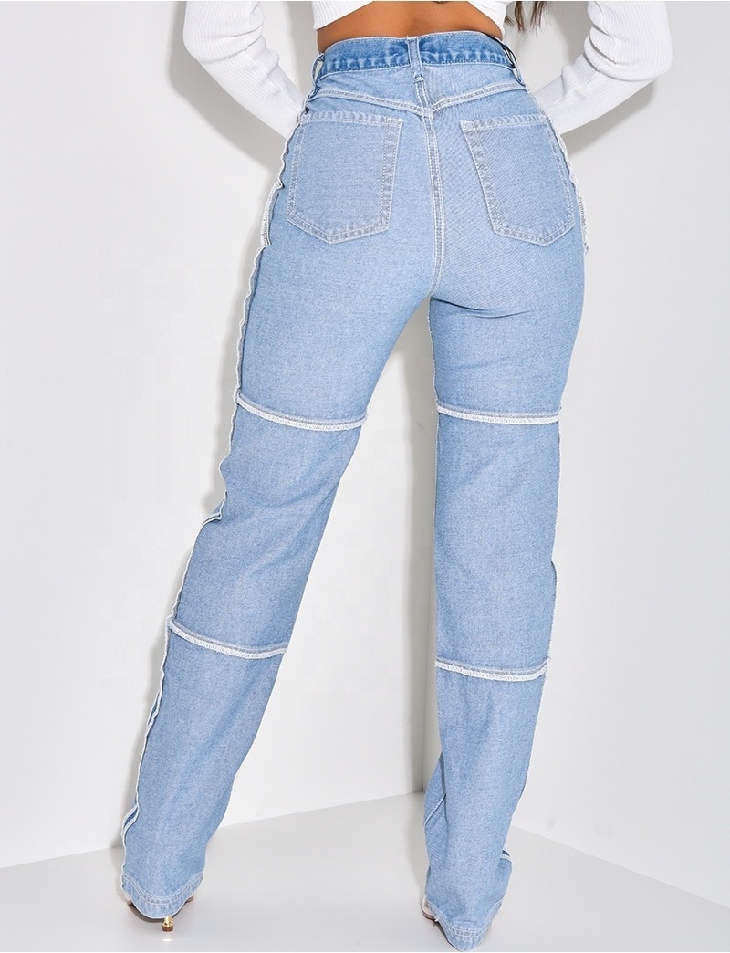 High Quality New Design Fashion Street Wear Straight Pants Blue Patched Reverse Women's Jeans Zipper Fly Trousers