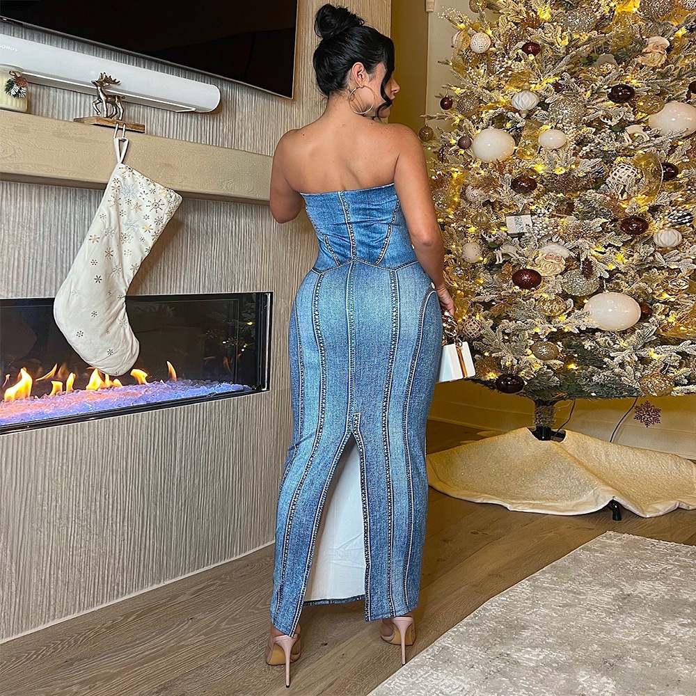 2024 Wholesale Women's plus size fashion Denim dress ladies elegant jean long bodycon maxi luxurious evening party dresses