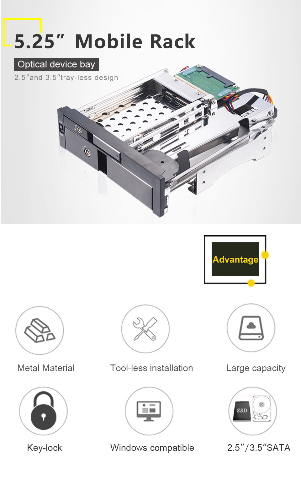 Live Hot Product 3.5+2.5 Inch Optical Drive Bay SATA Tray-less Internal 5.25in Hdd Enclosure with Aluminum Material Door