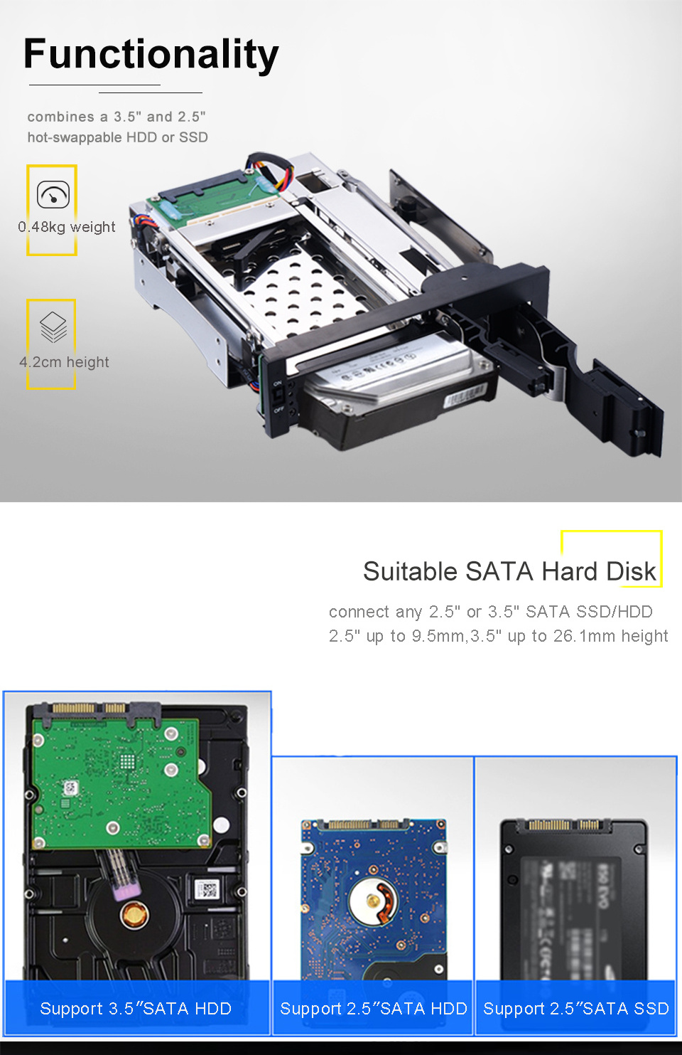 Live Hot Product 3.5+2.5 Inch Optical Drive Bay SATA Tray-less Internal 5.25in Hdd Enclosure with Aluminum Material Door