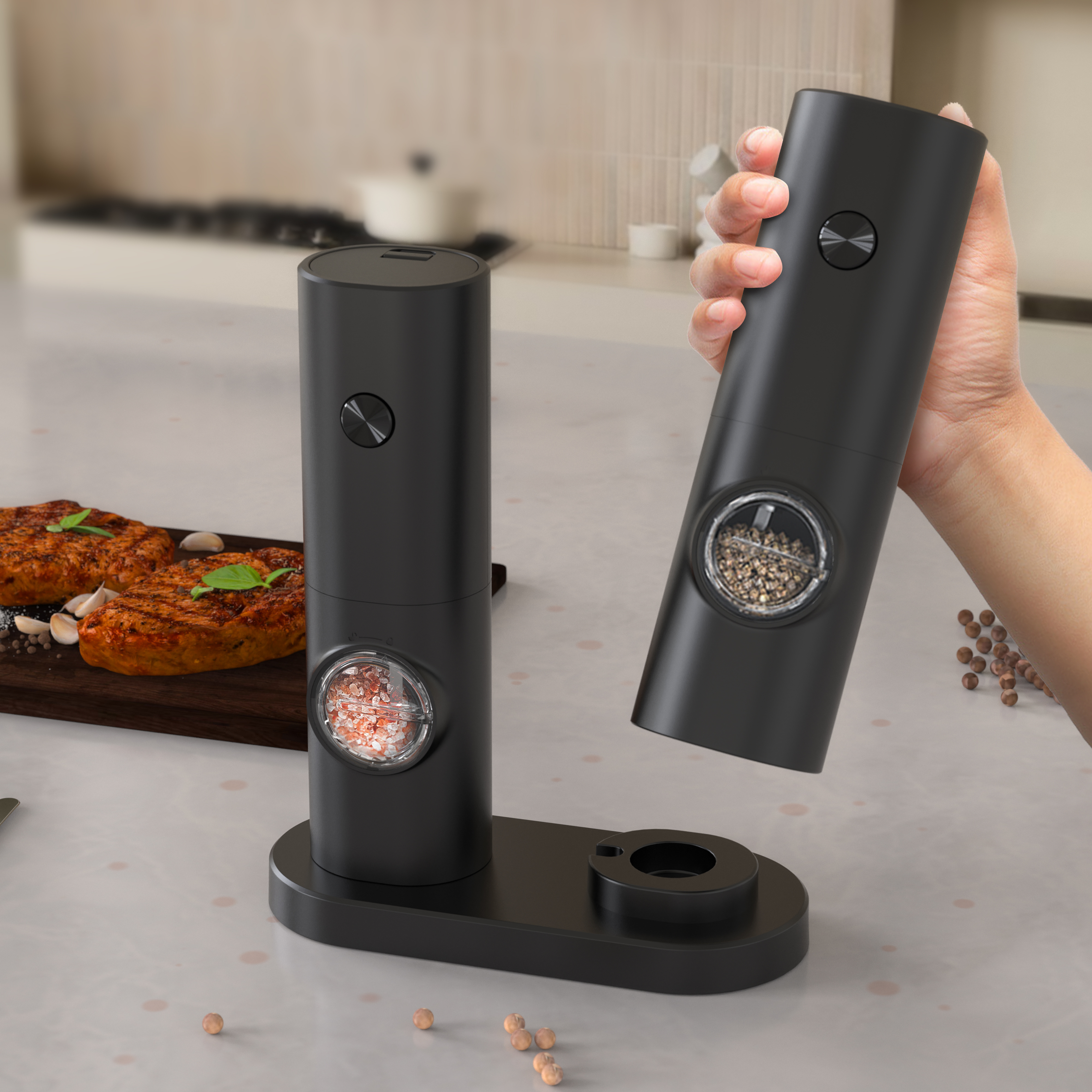 Electric Adjustable Adjustable Stainless Steel Salt and Pepper Mill Grinder With Charging Base, Automatic Salt Spice Mill