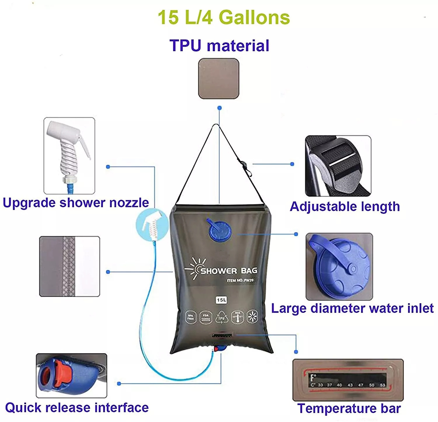 Camping Gear 15L 4 Gallon Solar Water Heater Shower Set Bag For Outdoor Bath Water Bag