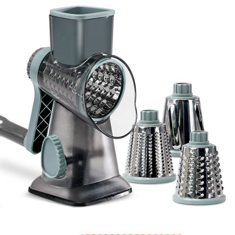 Multifunctional 3 In 1 Tabletop Kitchen Rotary Cheese Grater Potato Vegetable Slicer With 3 Drum Blades Salad Cutter