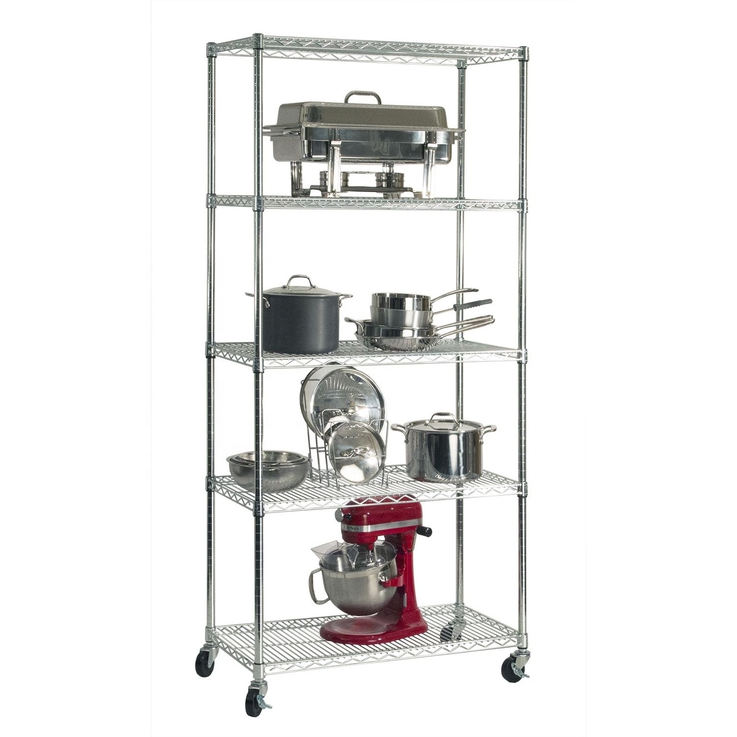 Heavy Duty 5 Tiers Nickle Chrome Plated Metal Storage Wire Shelf Wire Rack Shelving