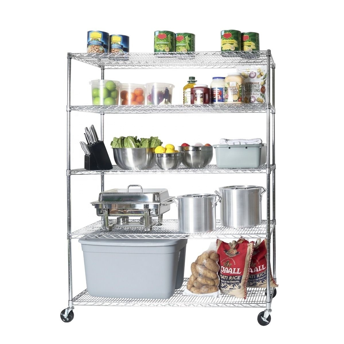 High Quality Factory Price OEM/ODM Chrome Wire 5-Shelf Tier Rolling Movable Metal Shelving Rack