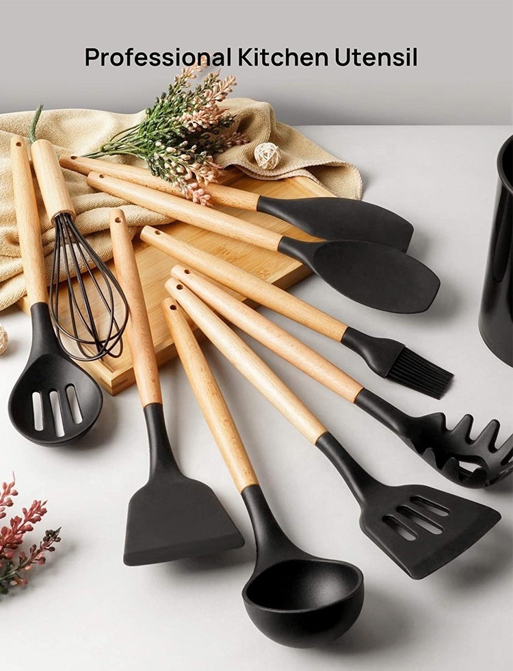 Utensilios De Cocina Kitchen Accessories Silicone Cooking Tool Sets With Wooden Handle 11pcs Kitchen Utensils Set