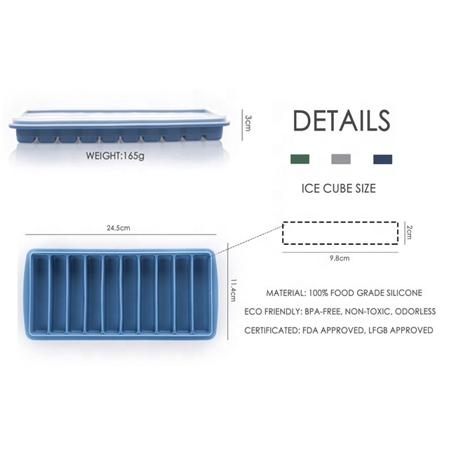 Rectangle With Lid Long Stick Design 10 Grid Silicone Ice Cube Tray