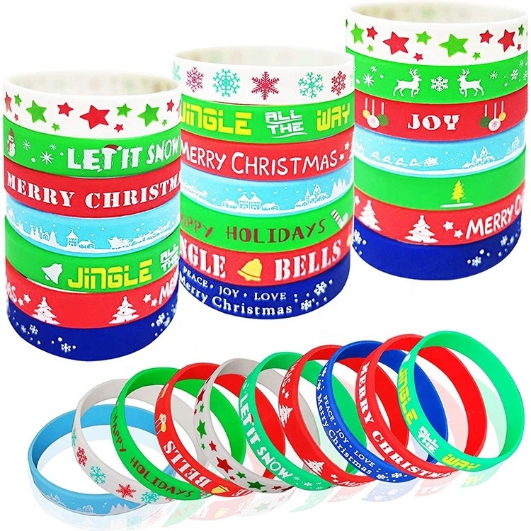 2.63inch Christmas Silicone Bracelets Stretch Rubber Wristband for Holiday Party Decoration Supplies 6 Styles