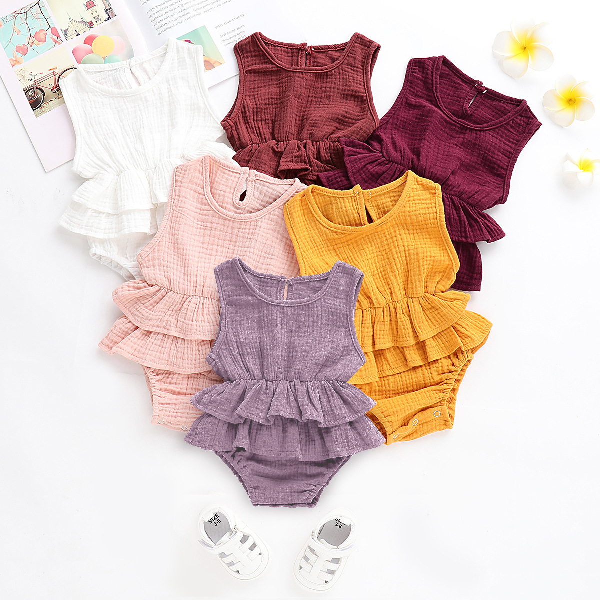 Baby Sweet Summer Bubble Romper Soft Ruffles Bodysuit Sleeveless Infant Romper Customized Logo Casual Unisex