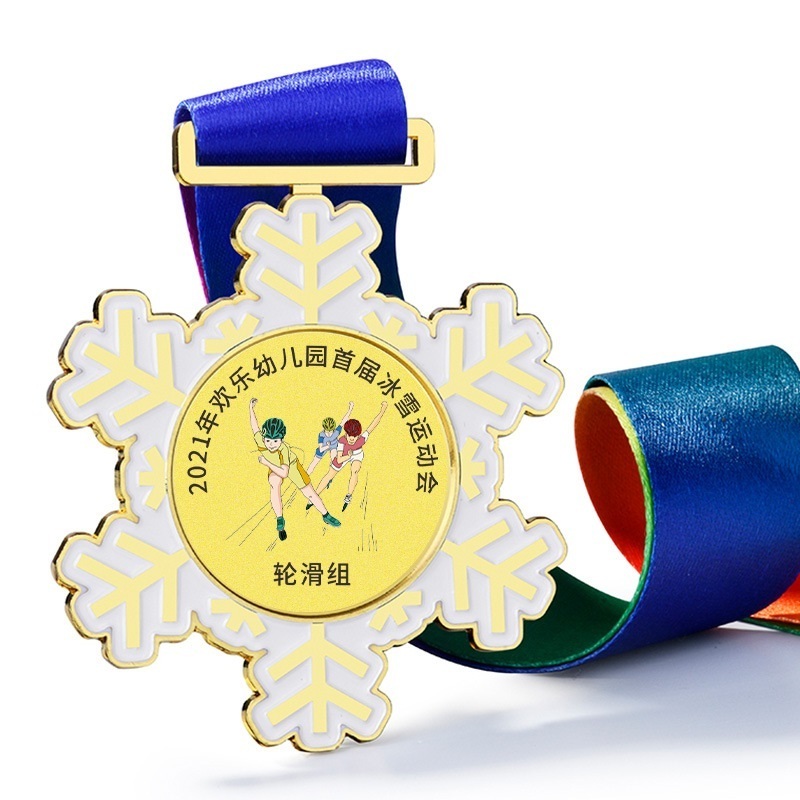 Custom Logo Winter Meet Games Sports Award Singles And Doubles Skiing Roller Skating Ice Hockey Metal Snowflake Medal