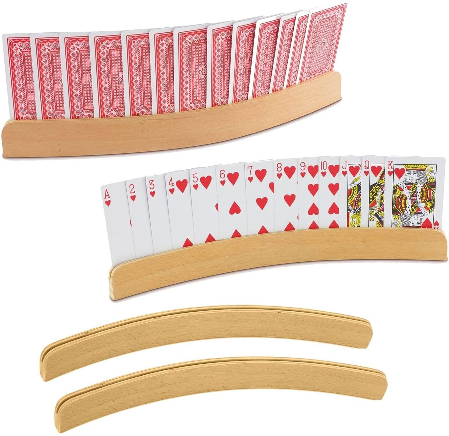 Tailai Wood Curved Playing Card Holder Racks Tray For Kids Seniors Adults Curved Wooden Playing Card Holders.