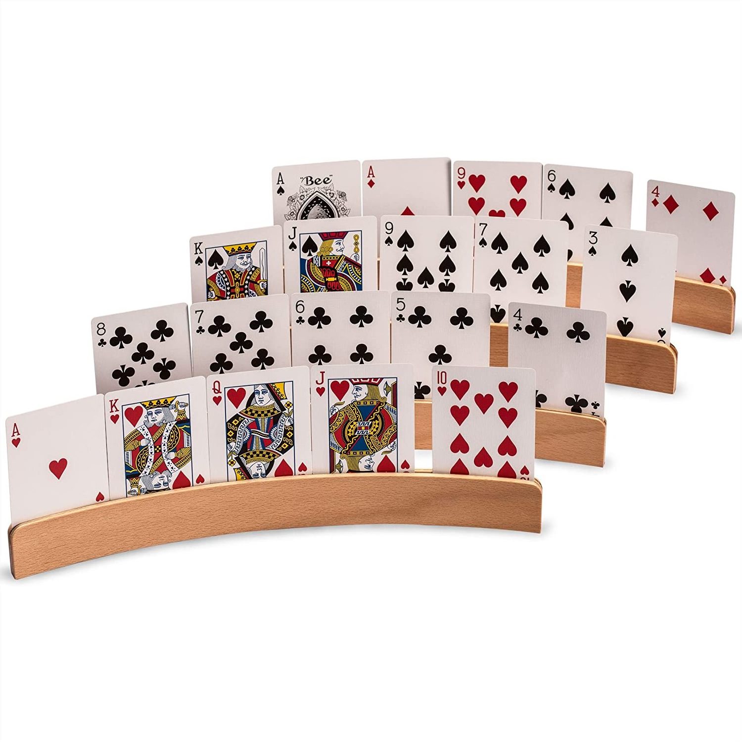 Tailai Wood Curved Playing Card Holder Racks Tray For Kids Seniors Adults Curved Wooden Playing Card Holders.