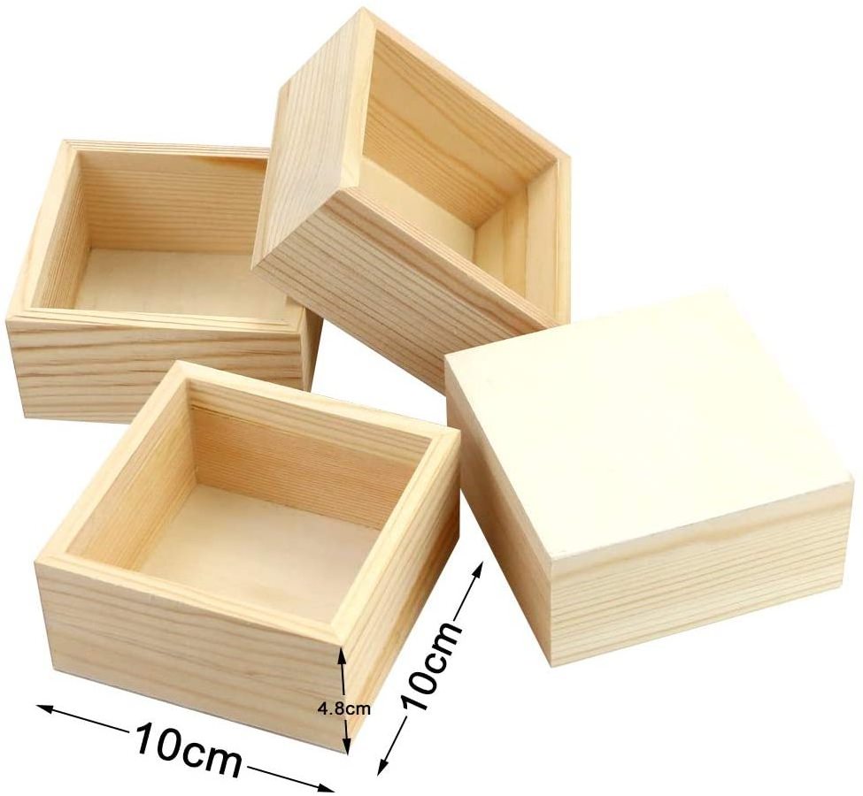 Unfinished Wood Box Rustic Small Square Storage Organizer Container for DIY Craft Collectibles Home Venue Desktop Drawer Decor