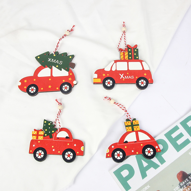 Tailai 2 Pieces Christmas Ornaments Red Car Santa Wooden Xmas Ornaments for New Year Wood Christmas Hanging Decorations