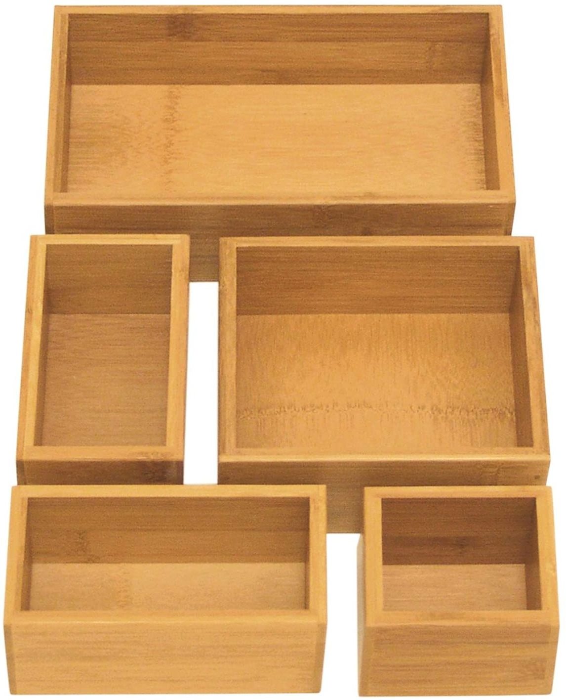 Bamboo Wood Drawer Organizer Boxes Assorted Sizes 5-Piece Set Classics Box Utensil & Kitchen Tool Holder Storage Organizer