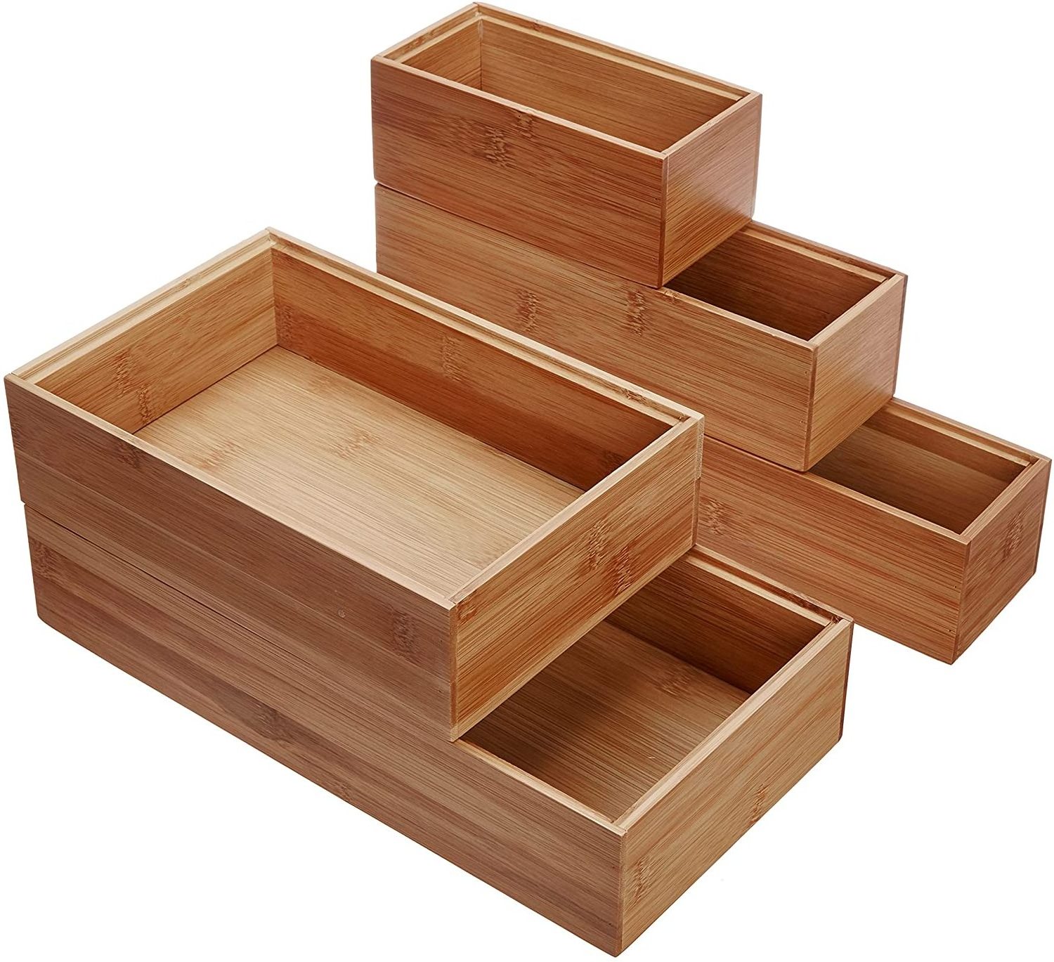 Bamboo Wood Drawer Organizer Boxes Assorted Sizes 5-Piece Set Classics Box Utensil & Kitchen Tool Holder Storage Organizer