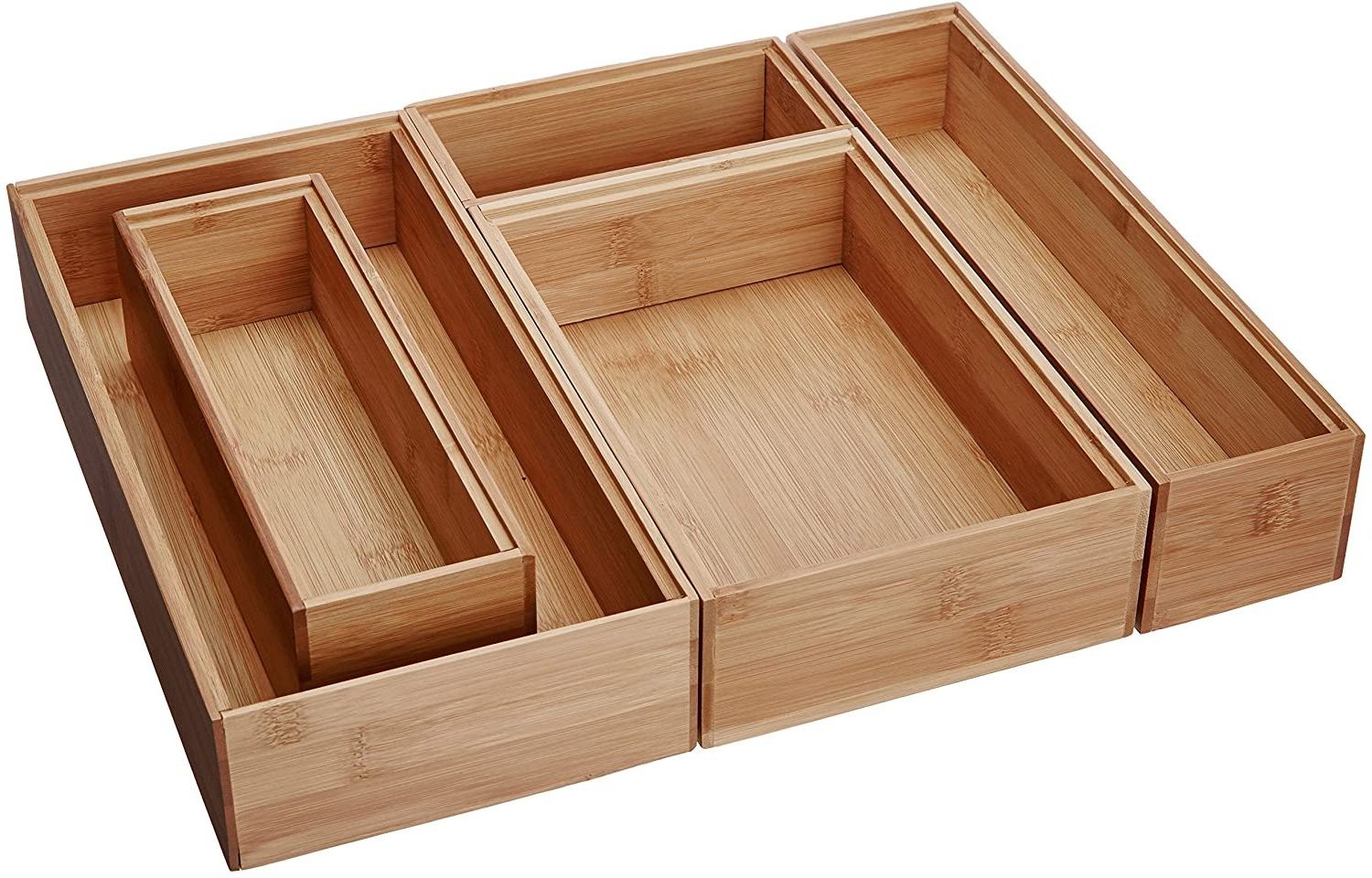 Bamboo Wood Drawer Organizer Boxes Assorted Sizes 5-Piece Set Classics Box Utensil & Kitchen Tool Holder Storage Organizer