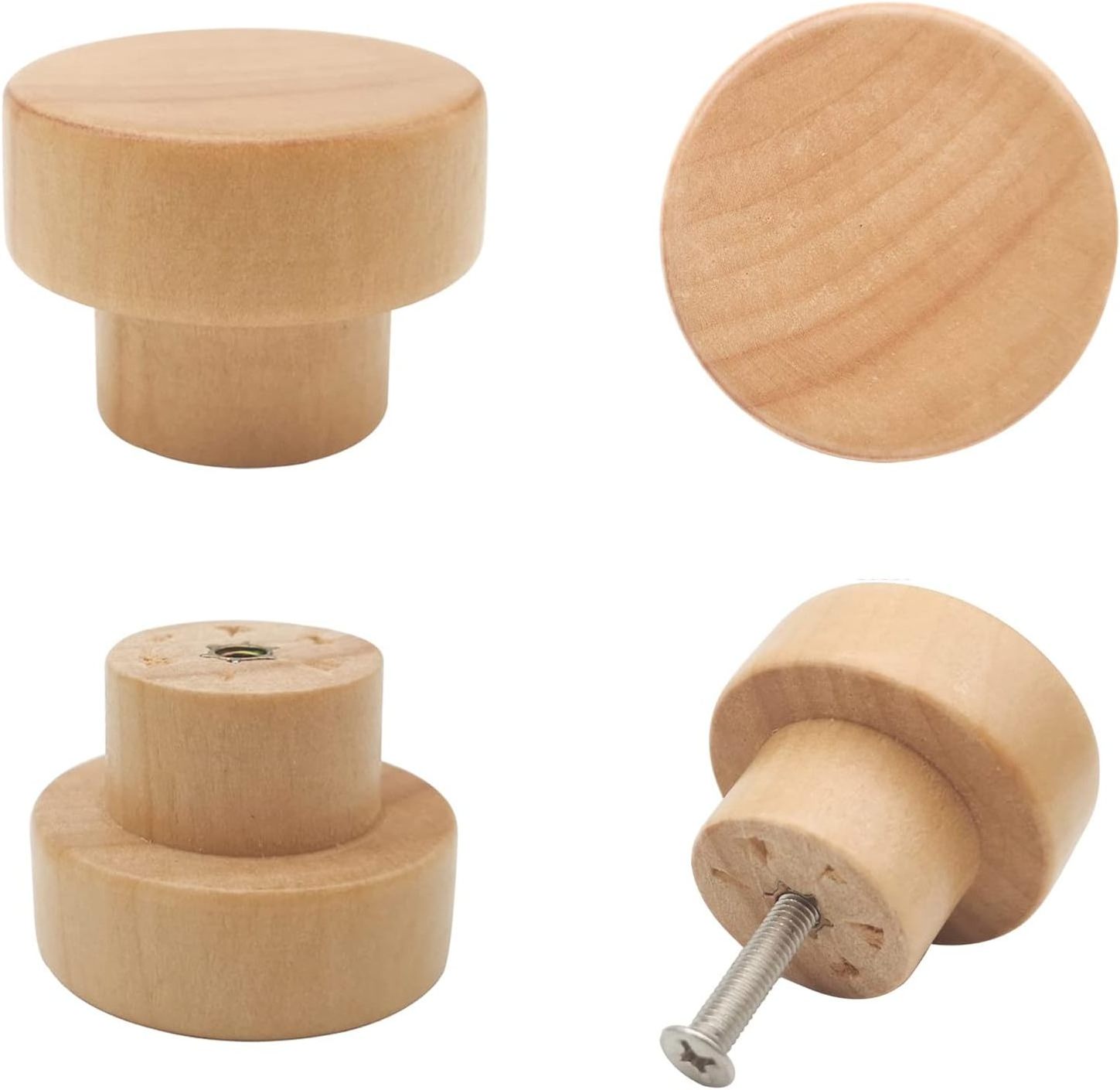 Tailai  Round Wooden Knob with Screws Unfinished Drawer Furniture Cabinet Closet Dresser Pull Handles