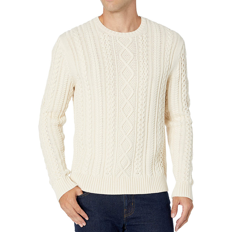 Men's Long-Sleeve 100% Cotton Fisherman Cable Crewneck Sweater