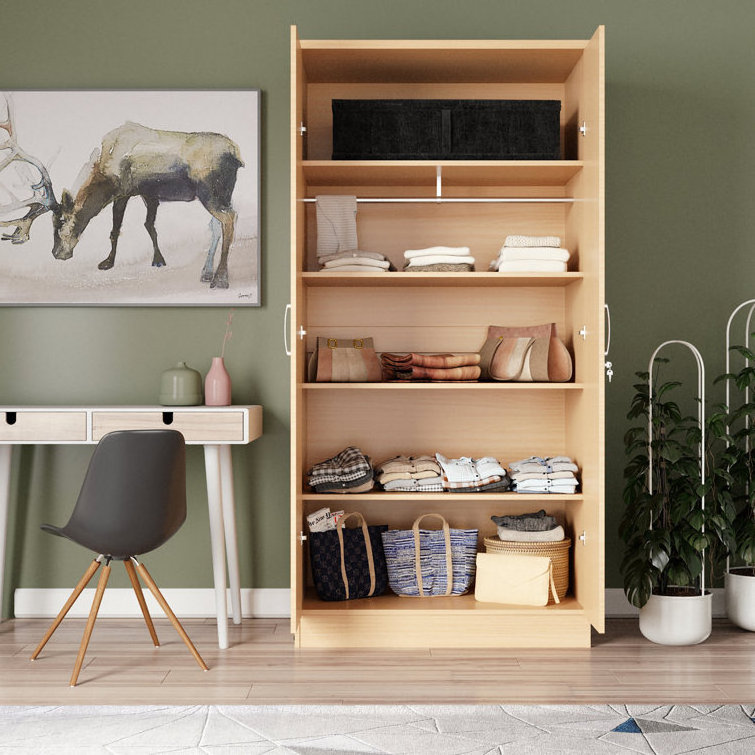 Modern and simple wardrobe bedroom wooden wardrobe Solid Wood 2-door Wardrobe Armoire with Mirrored Door