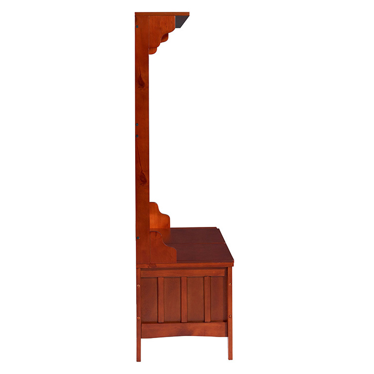 Brown hall tree has a wooden coat hook with a shoe storage cabinet