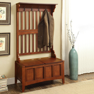 Brown hall tree has a wooden coat hook with a shoe storage cabinet