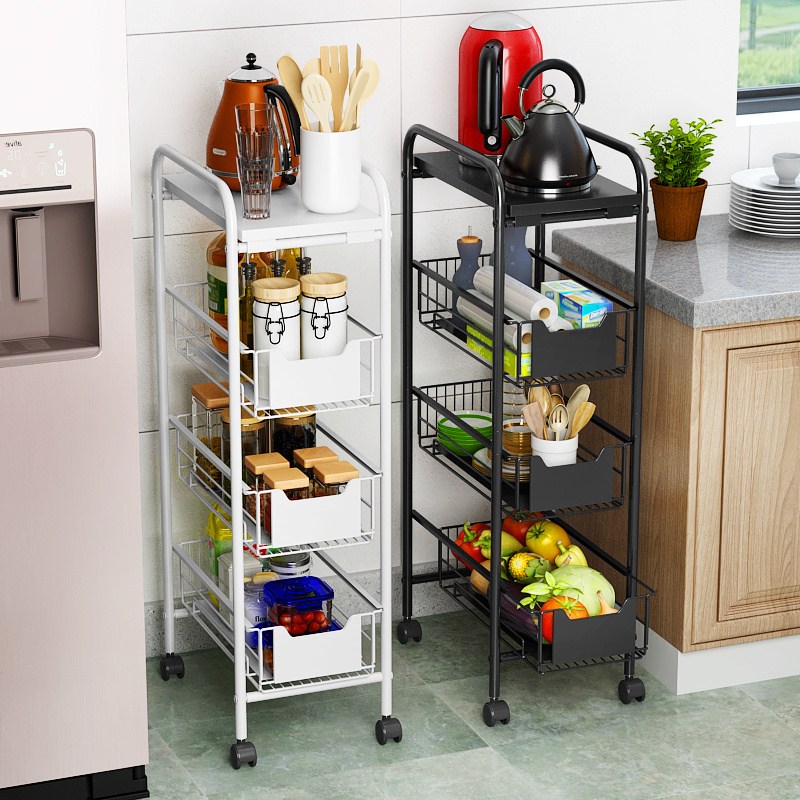 Wholesale 4 Tier Black White Slim Storage Holder Rack With Wheels Narrow Home Kitchen Organizer