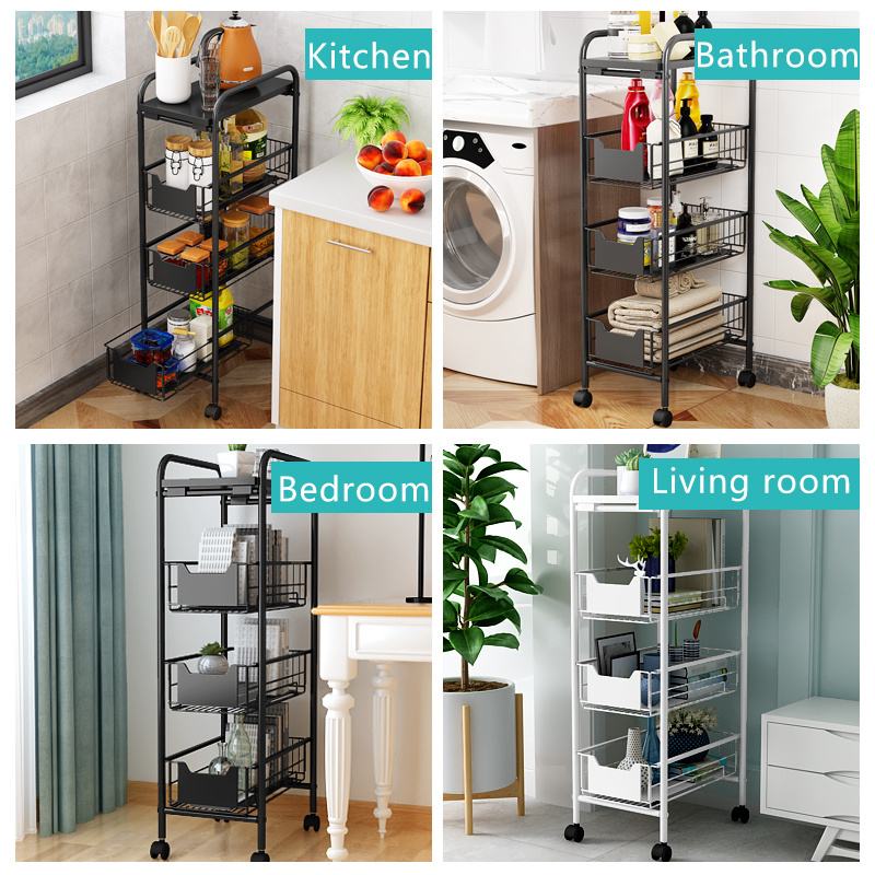 Wholesale 4 Tier Black White Slim Storage Holder Rack With Wheels Narrow Home Kitchen Organizer