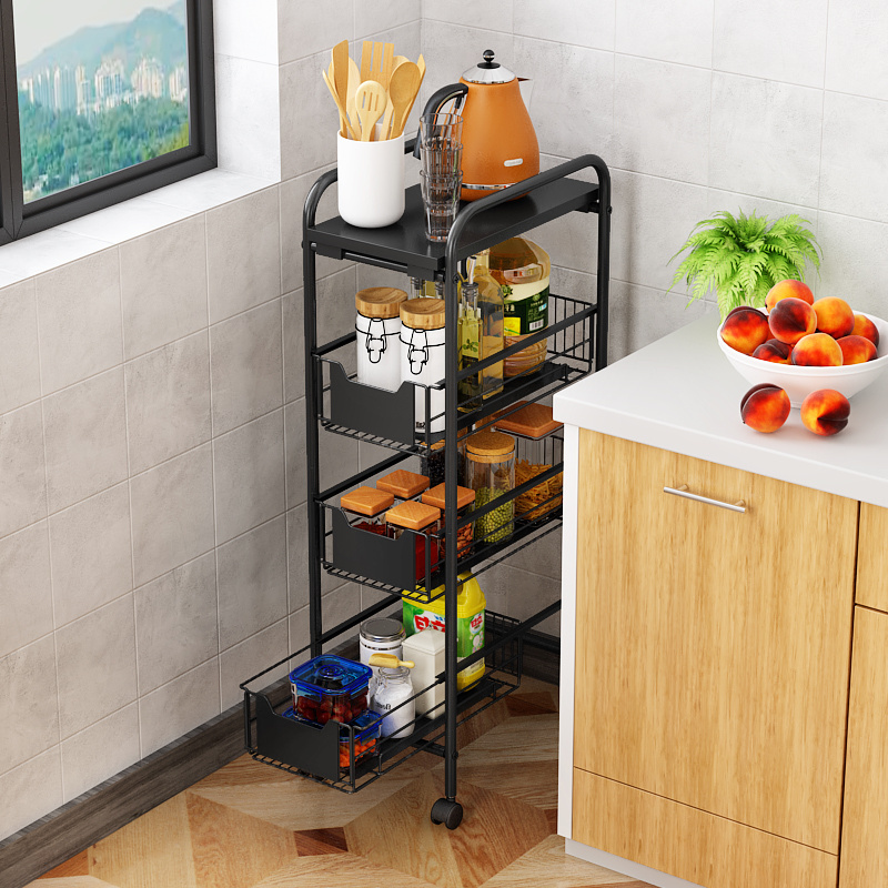 Wholesale 4 Tier Black White Slim Storage Holder Rack With Wheels Narrow Home Kitchen Organizer