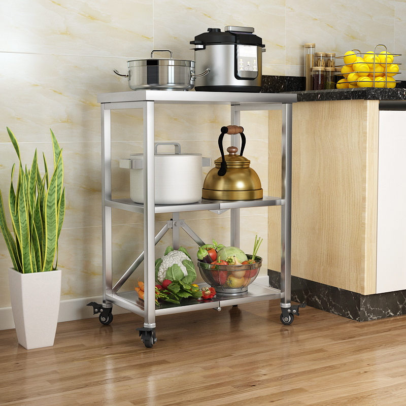 Small Size 201 Stainless Steel Folding Utility Trolley Cart With Wheels Microwave Oven Rack Kitchen Organizer