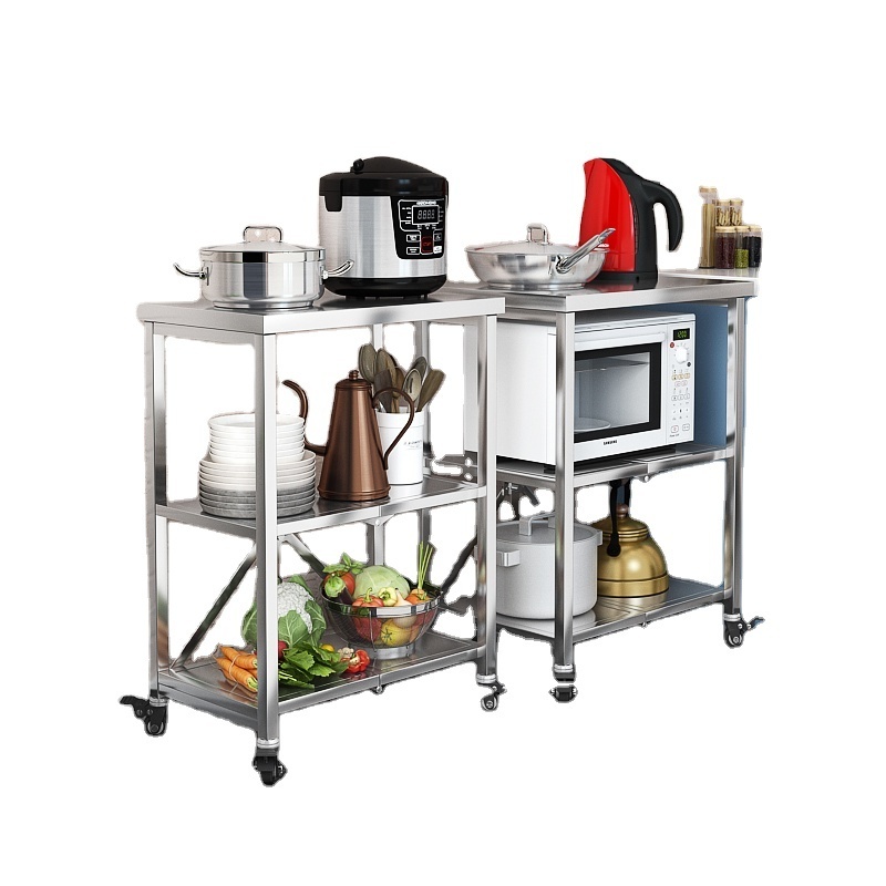 Small Size 201 Stainless Steel Folding Utility Trolley Cart With Wheels Microwave Oven Rack Kitchen Organizer