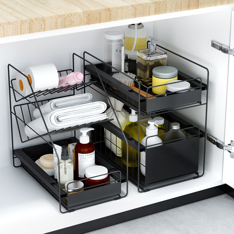 2 Tier Stackable Under The Sink Organiser Storage Shelf Rack Drawer Kitchen Bathroom Cabinet Sliding Under Sink Organizer