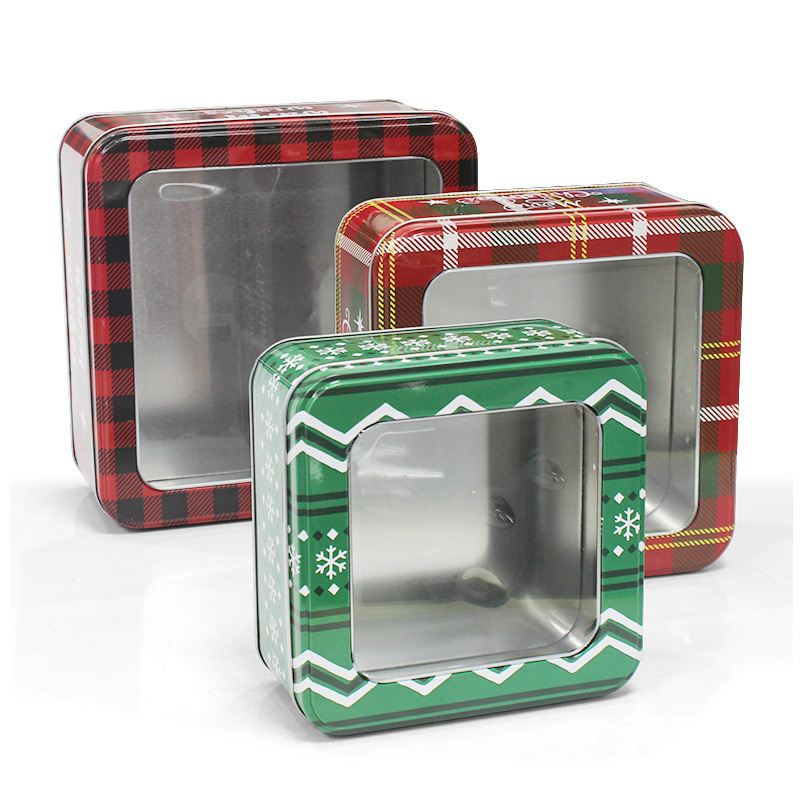 Custom Metal Square Christmas Tin Box With PVC Window Christmas Square Tin Set For Cake Chocolate Gift Candy Biscuit Packaging