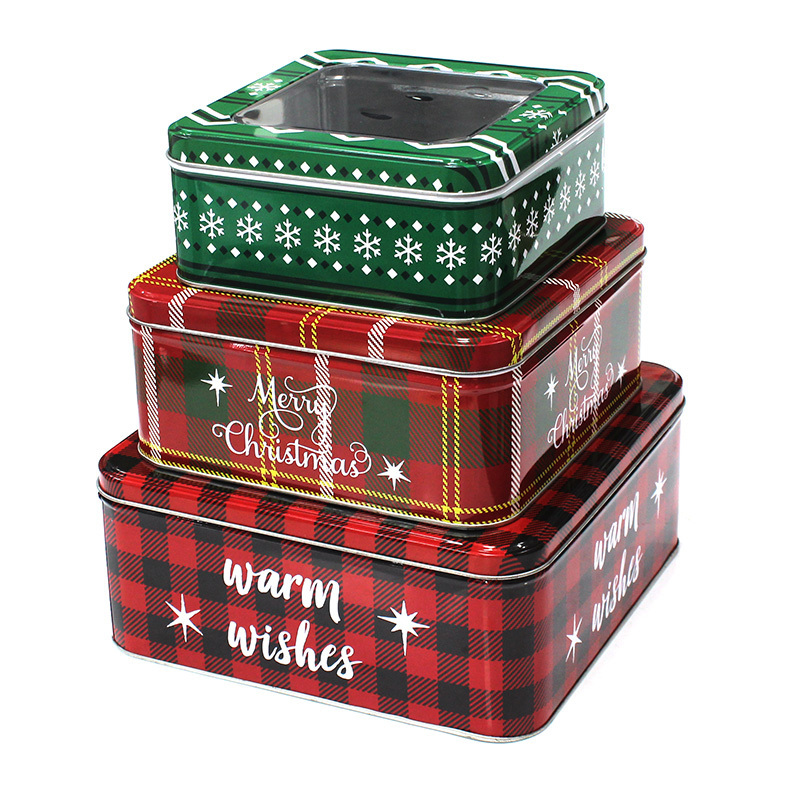 Custom Metal Square Christmas Tin Box With PVC Window Christmas Square Tin Set For Cake Chocolate Gift Candy Biscuit Packaging