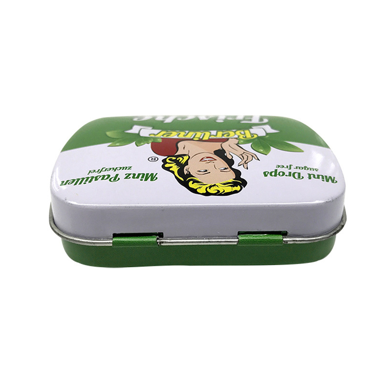 Custom Printing Embossed Mini Rectangular Hinged Lid Gift Candy Mint Packaging Home Organizer Storage Container Metal Tin Box