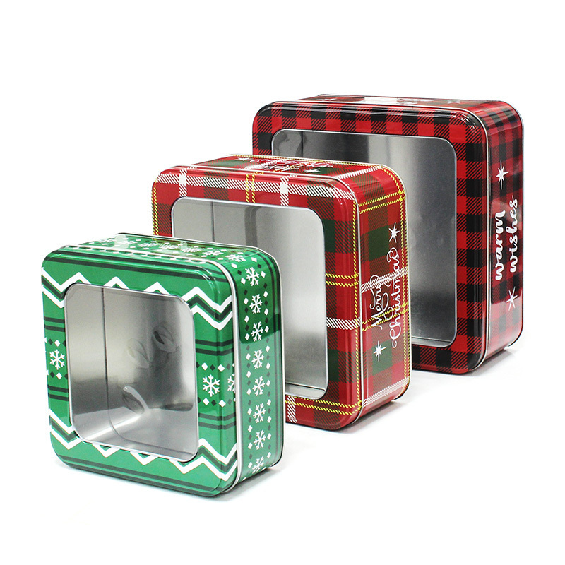 Custom Metal Square Christmas Tin Box With PVC Window Christmas Square Tin Set For Cake Chocolate Gift Candy Biscuit Packaging