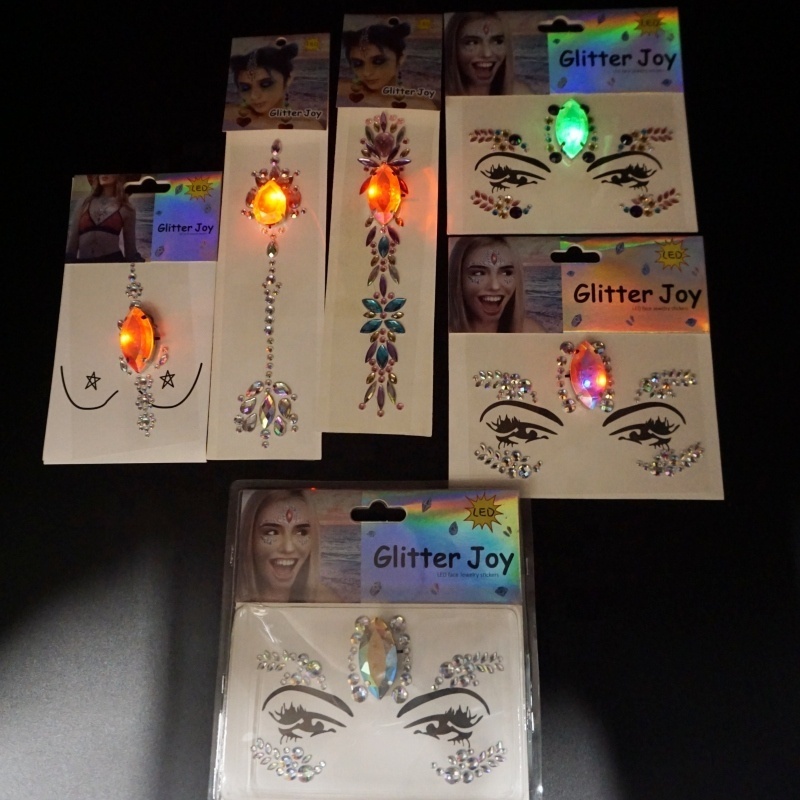 Hot selling factory direct wholesale face gems rhinestone glue on iron on LED glow in the dark stickers