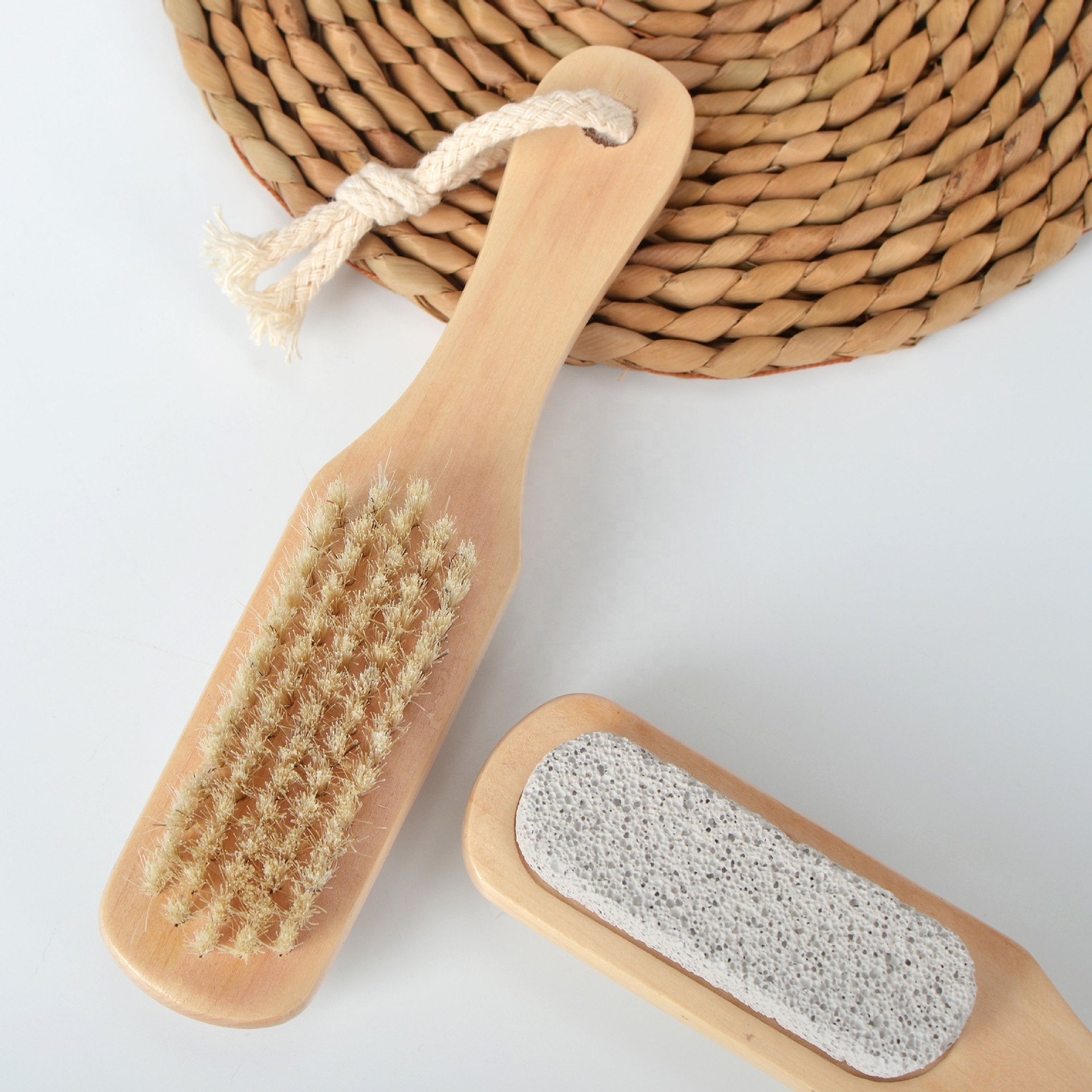 Pedicure 2 In 1 Double-sided Foot Care Scrub With Wooden Handle Foot File And Pumice Stone Cleaning Brush Nail Dusting Brush