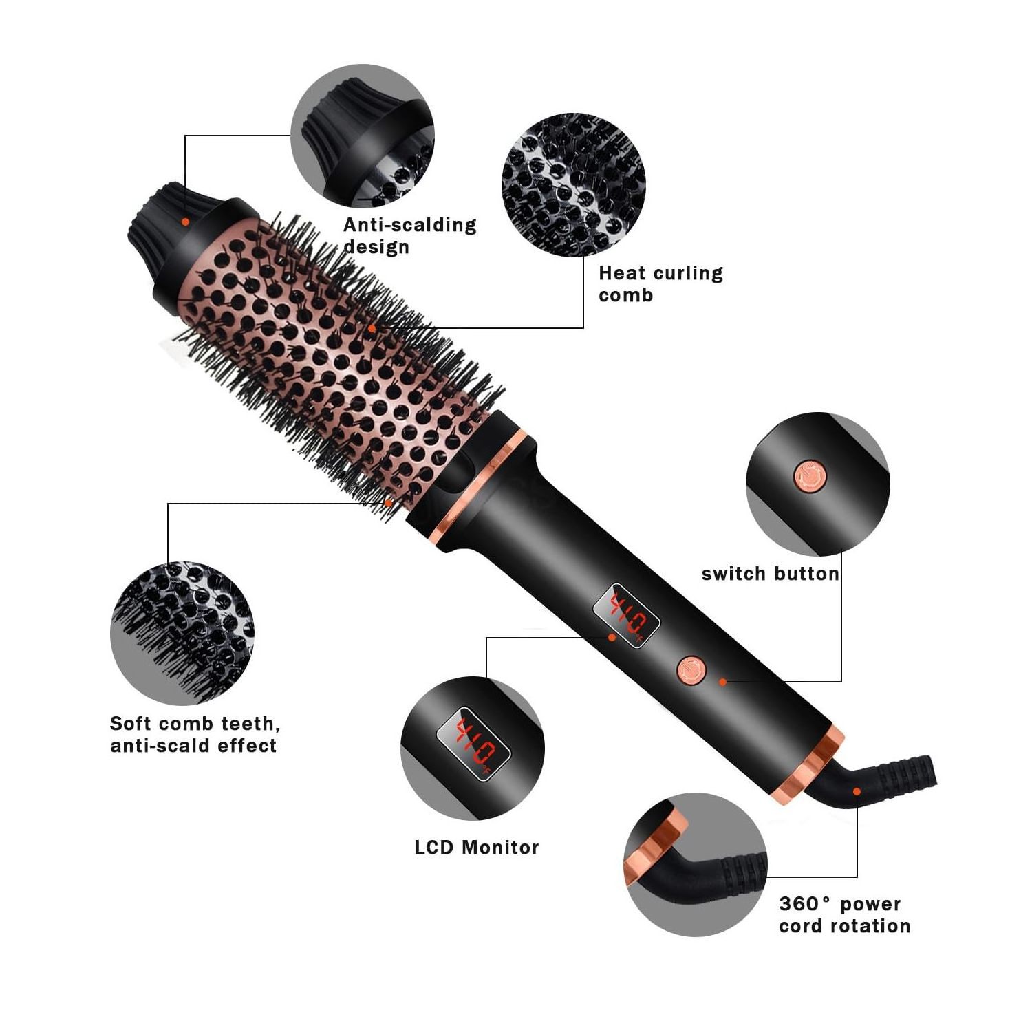 1.5 Inch LCD Display Ceramic Tourmaline Ionic Curling Comb Curling Iron Brush Volumizing Heated Round Brush Thermal Brush